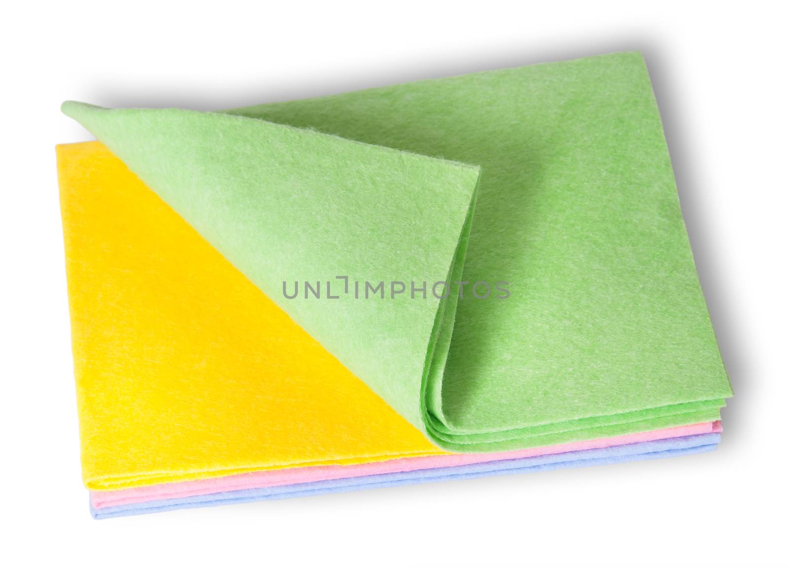 Multicolored cleaning cloths folded on top isolated on white background
