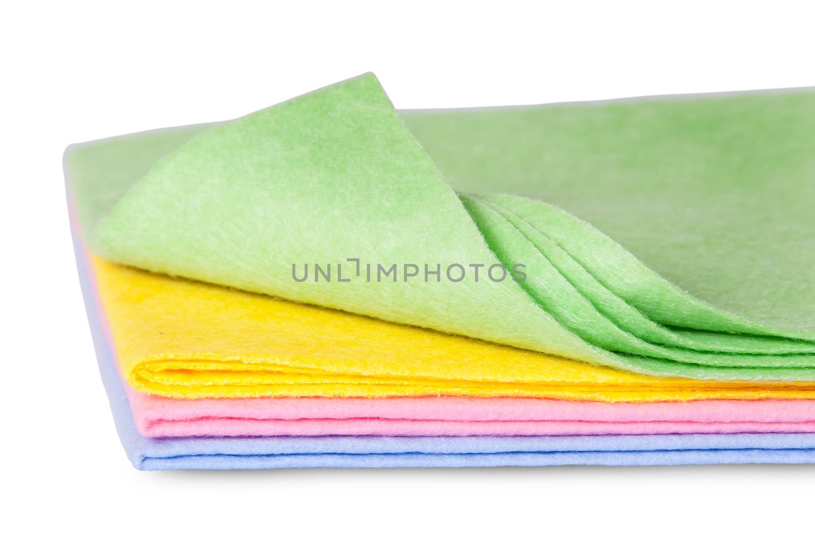 Multicolored cleaning cloths one folded front view isolated on white background
