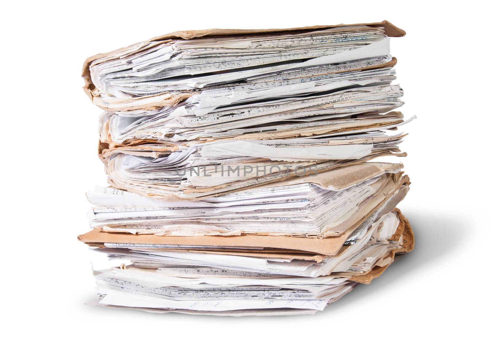 Old Files Stacking Up In A Messy Order Rotated Isolated On White Background
