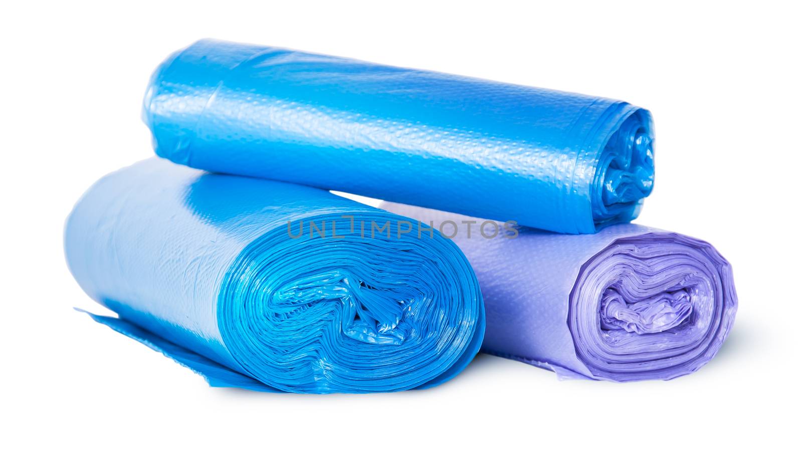 Multicolored rolls of plastic garbage bags isolated on white background