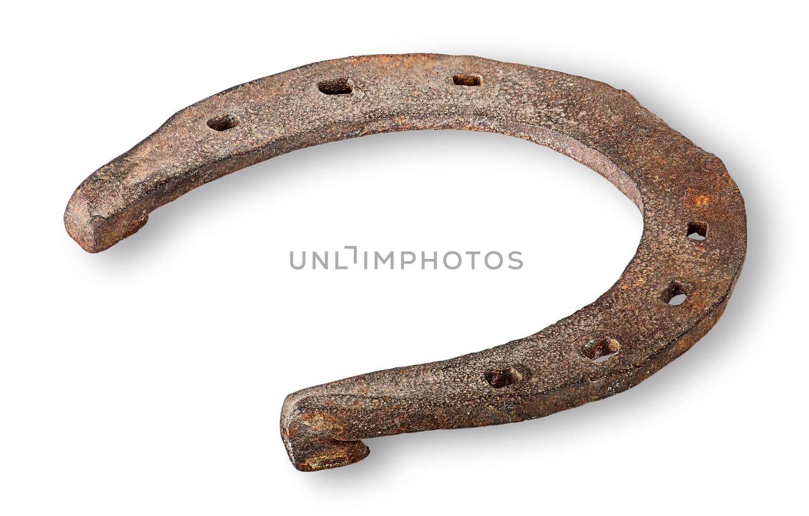 Old rusty horseshoe horizontally inverted isolated on white background