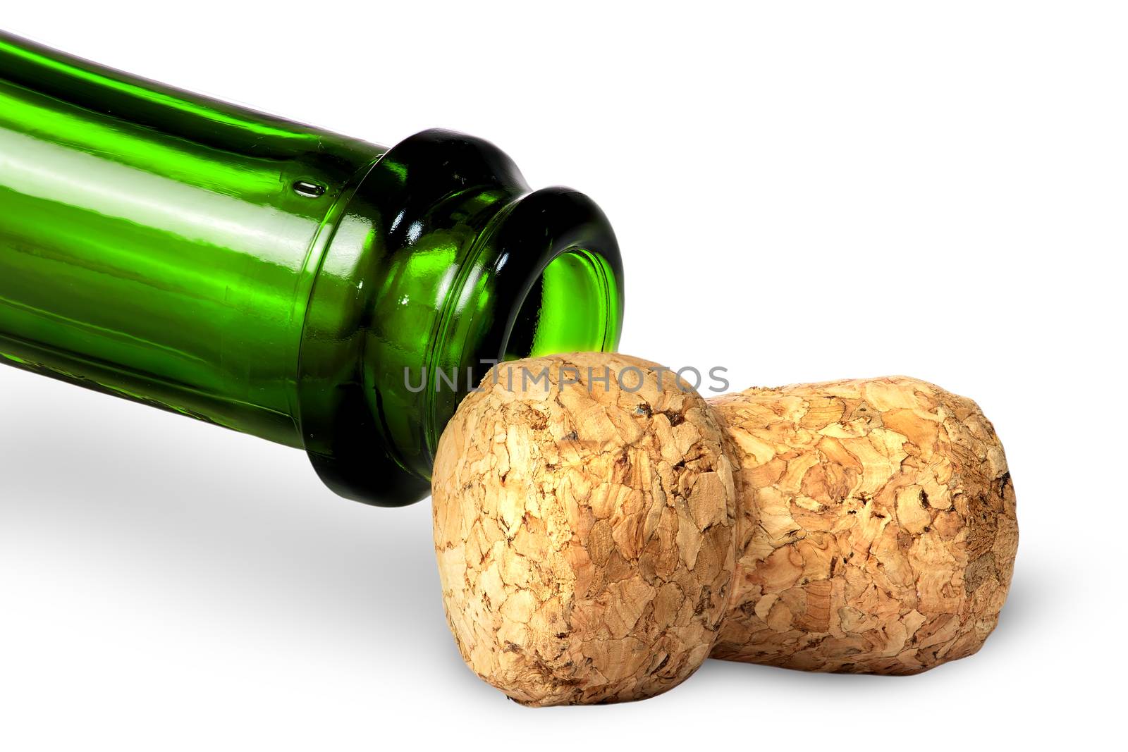 Neck of green bottle and cork near isolated on white background