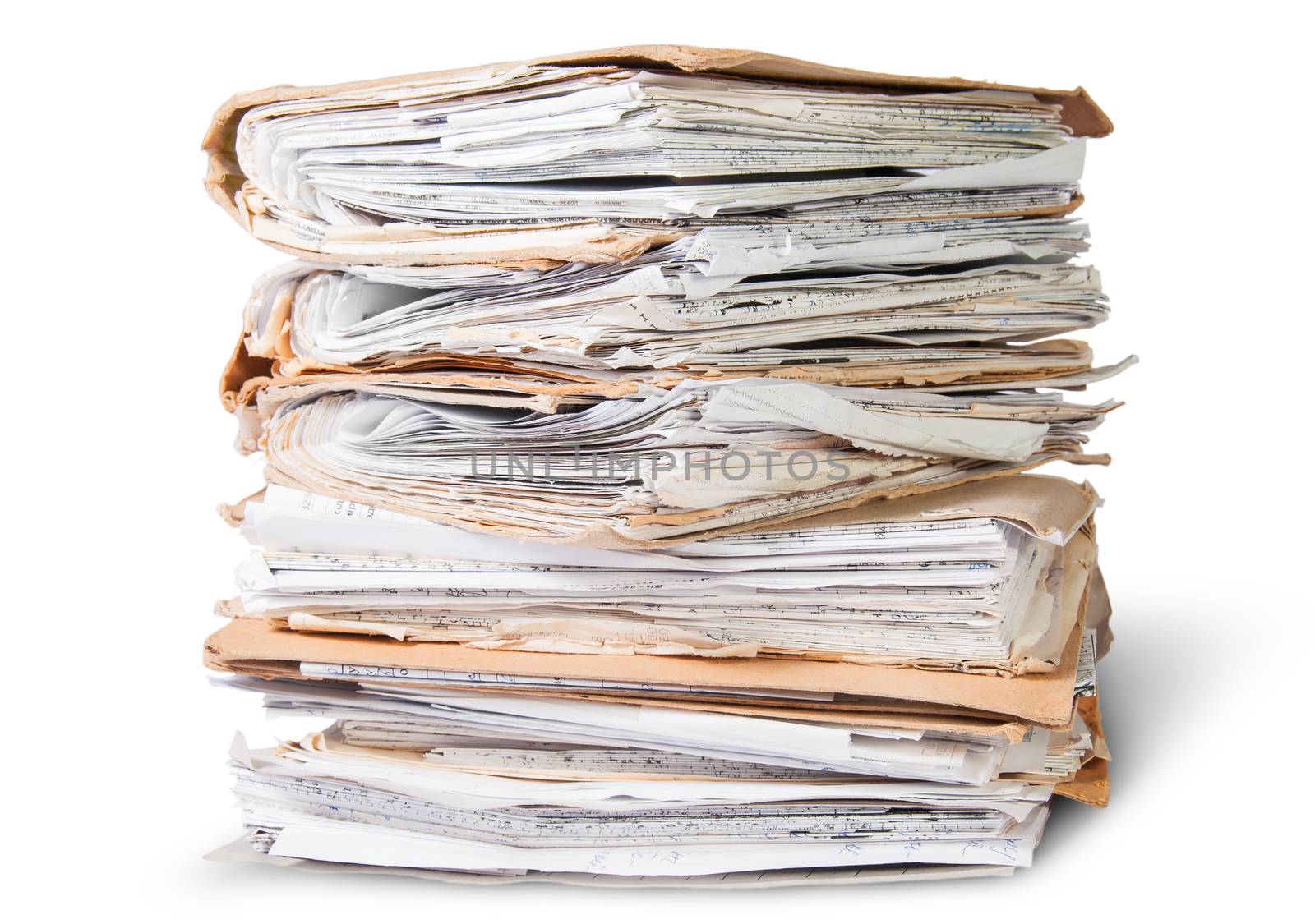Old Files Stacking Up In A Messy Order Isolated On White Background