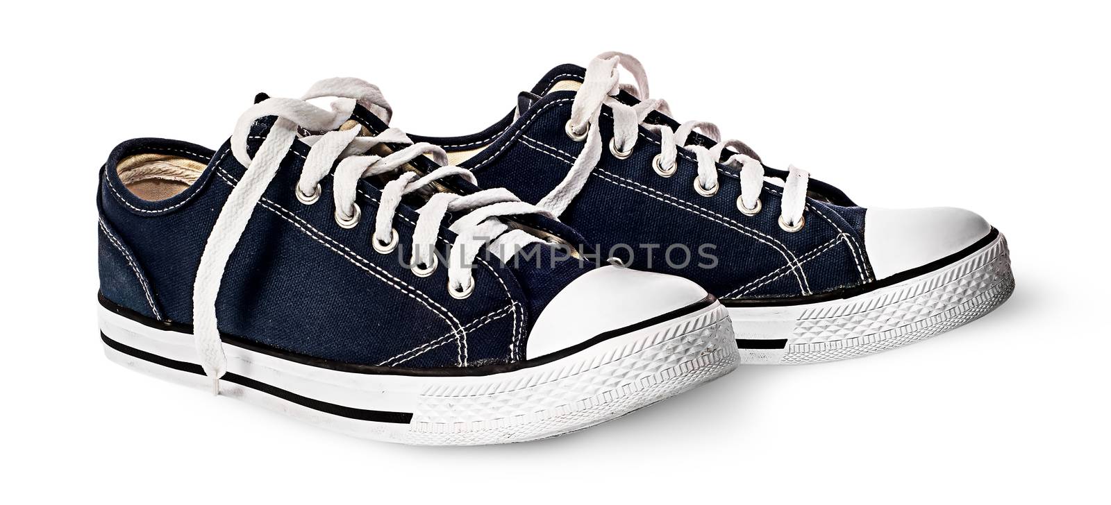 One pair of dark blue sports shoes beside isolated on white background