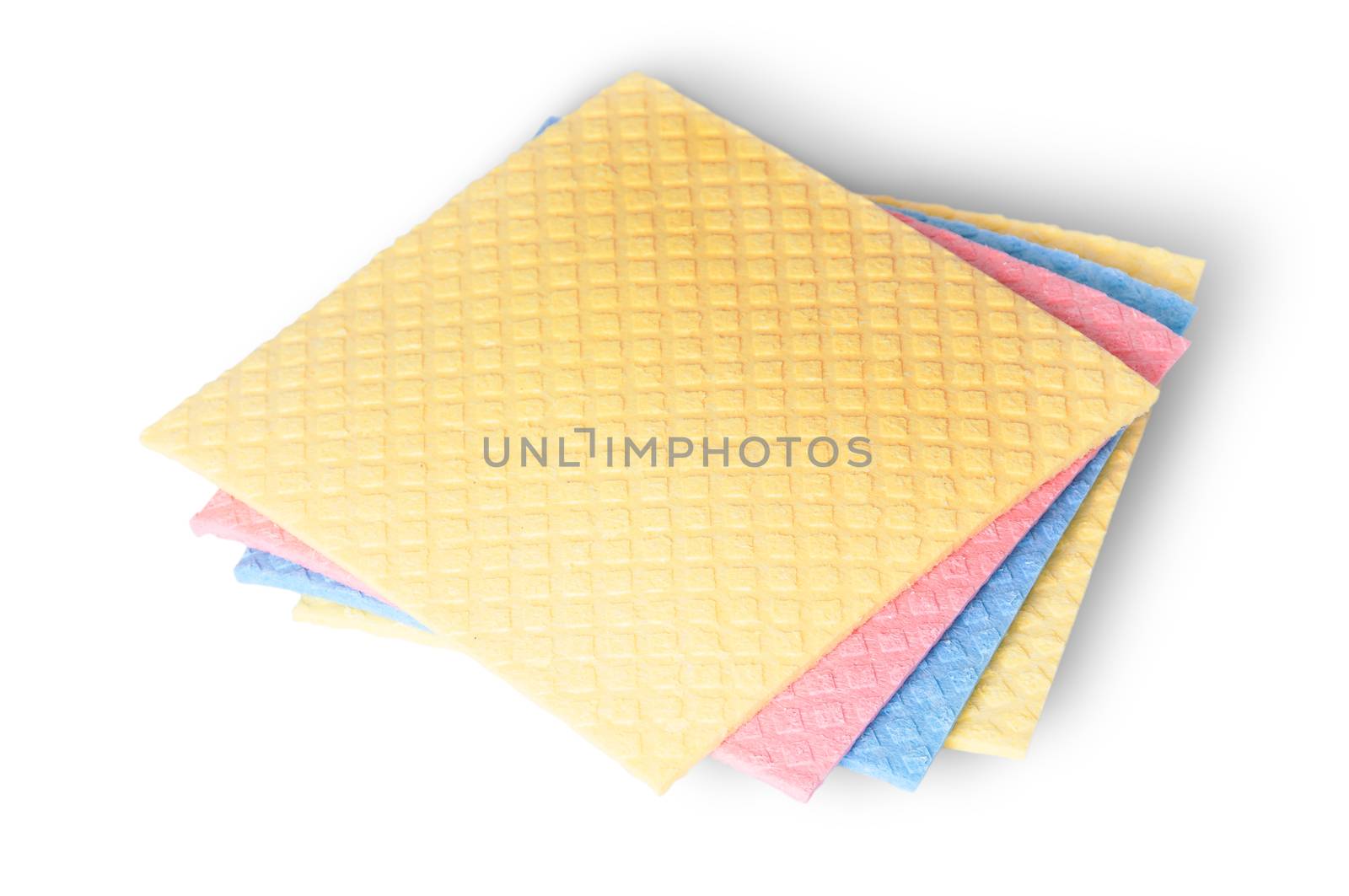 On top multicolored sponges for dishwashing isolated on white background