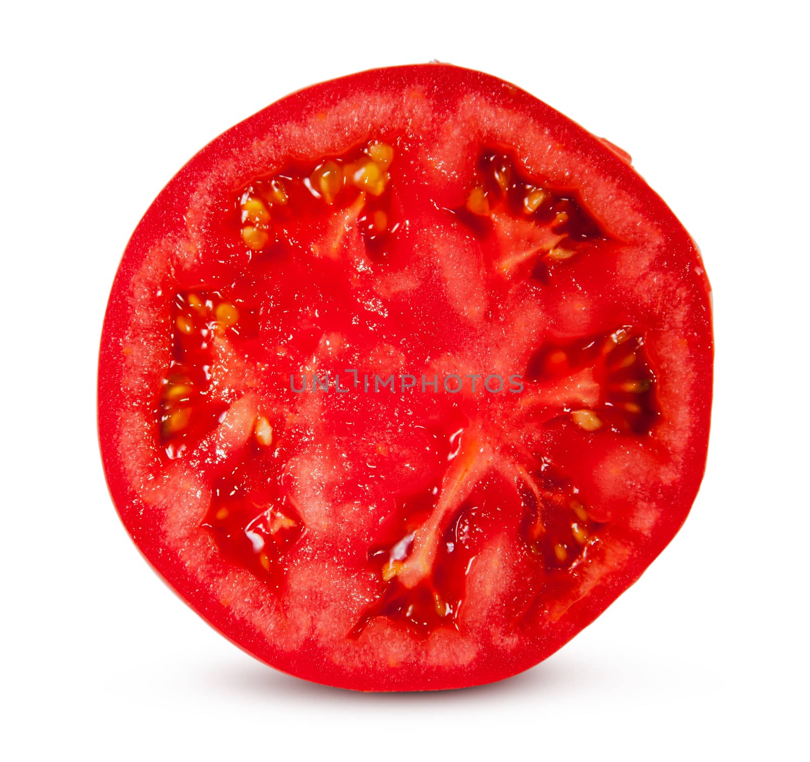One half juicy red tomato isolated on white background