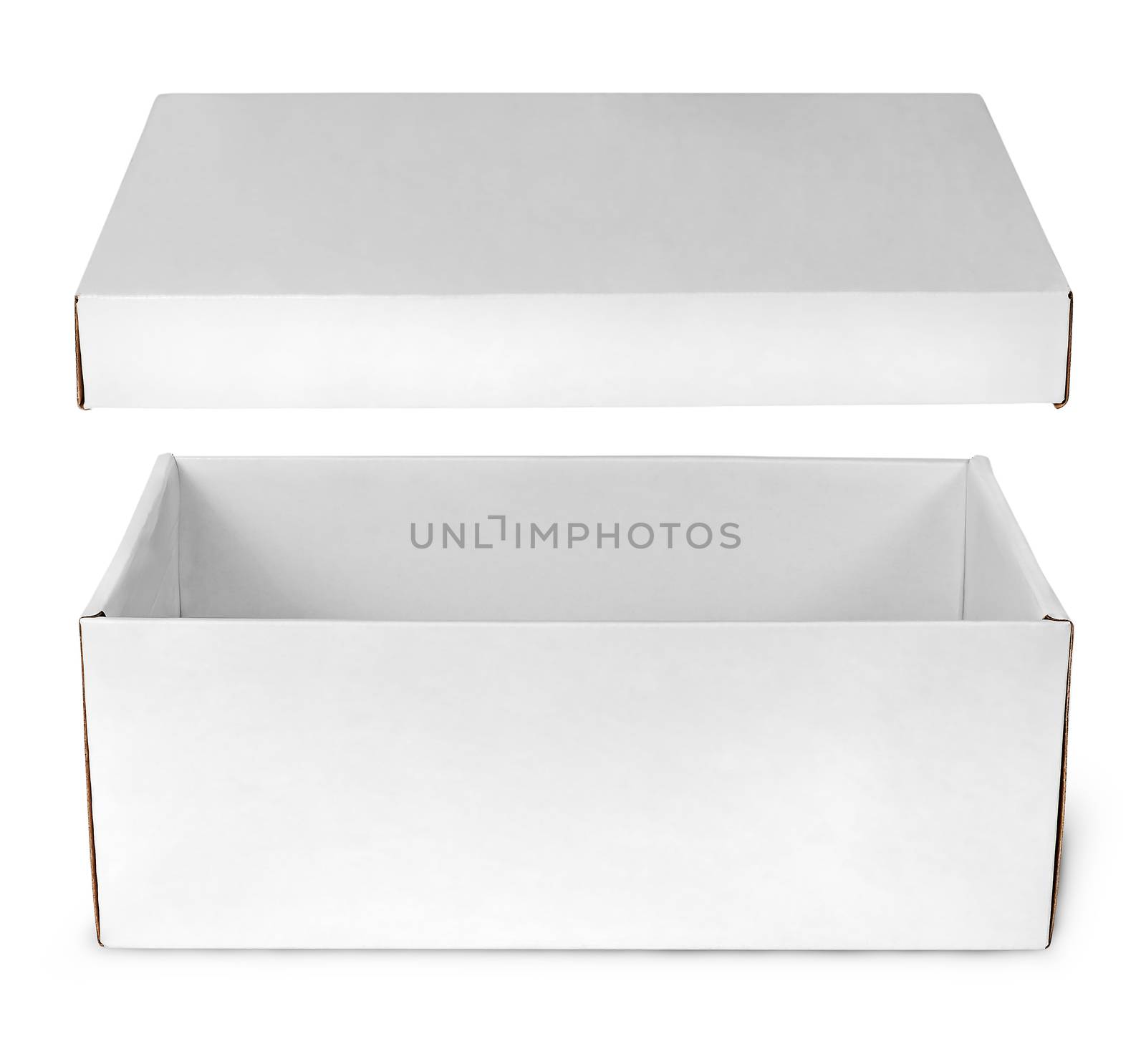 Open empty white box with lid isolated on white background