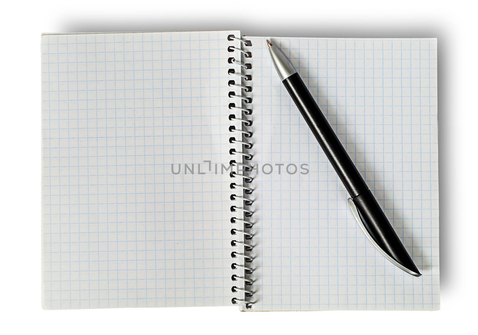 Open notepad and ballpen isolated on white background