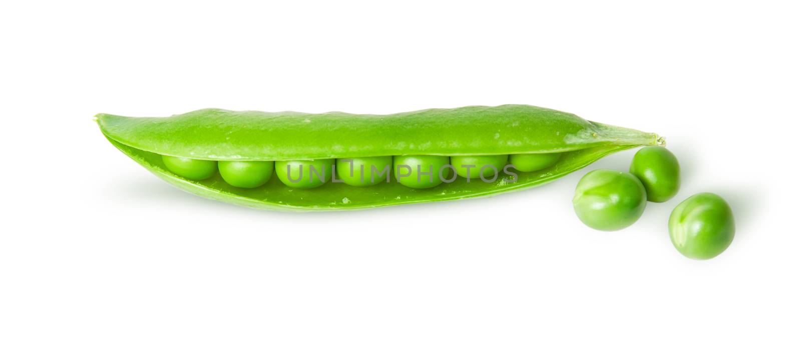 Opened green pea pod and peas top view isolated on white background