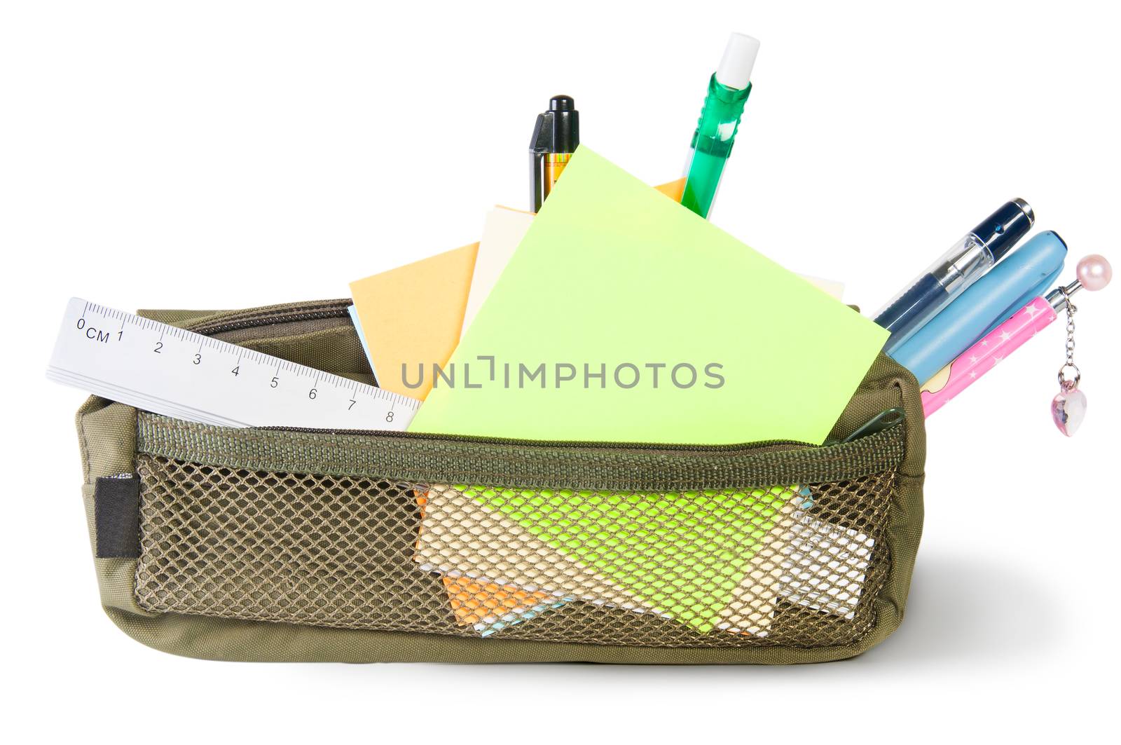 Pencil case with stationery isolated in white background