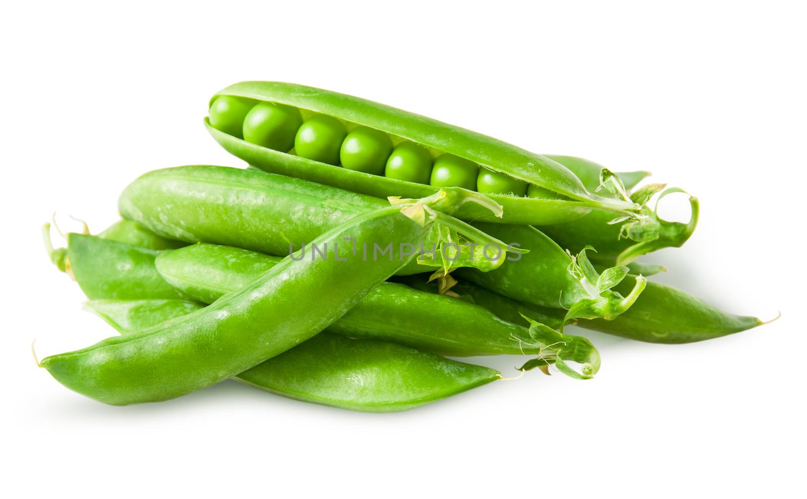 Pile closed pea pods and one open isolated on white background