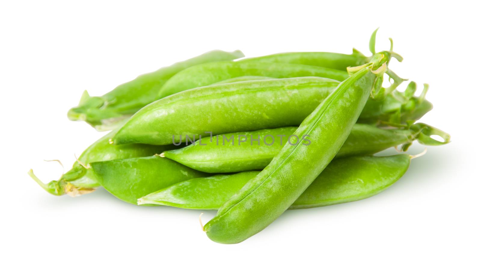 Pile of fresh green peas sugar in the pods isolated on white background