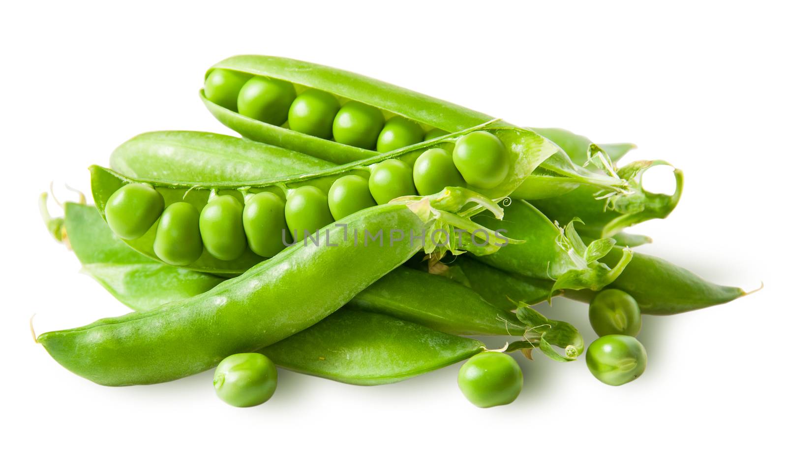 Pile green peas in pods with peas isolated on white background