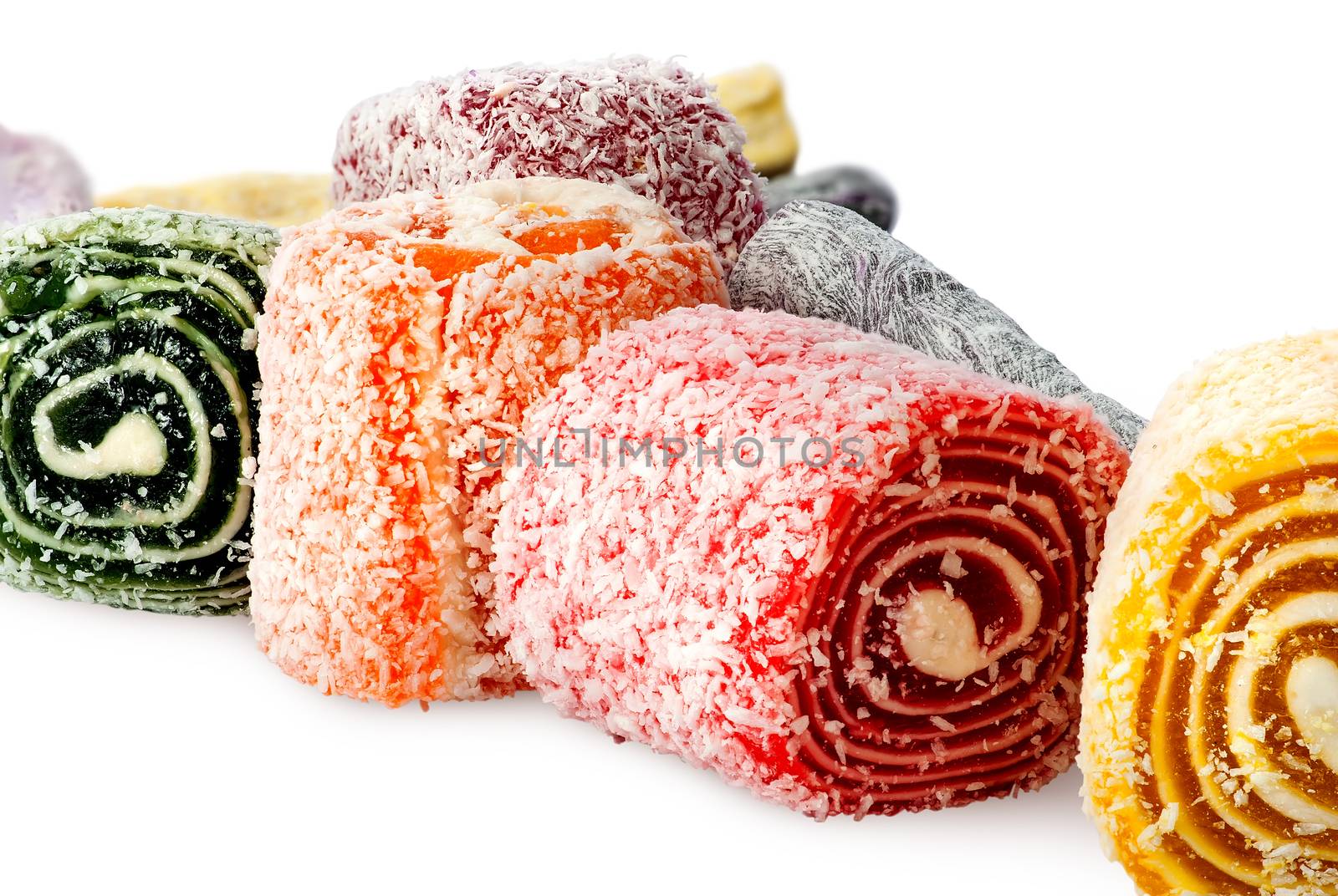 Pile of Turkish Delight in a row isolated on white background