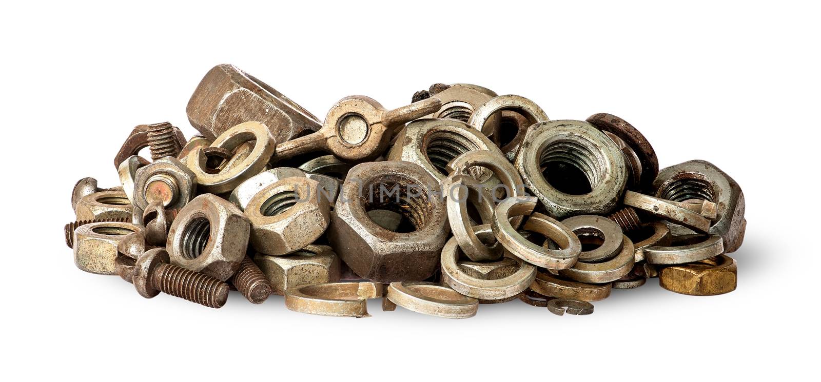 Pile of old fasteners isolated on white background