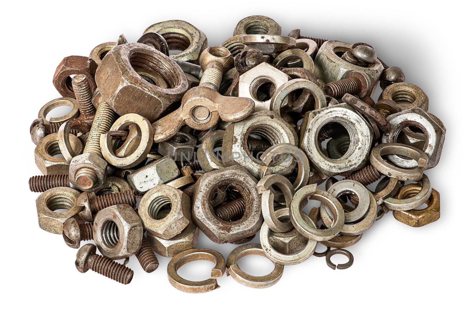 Pile of old fasteners top view isolated on white background