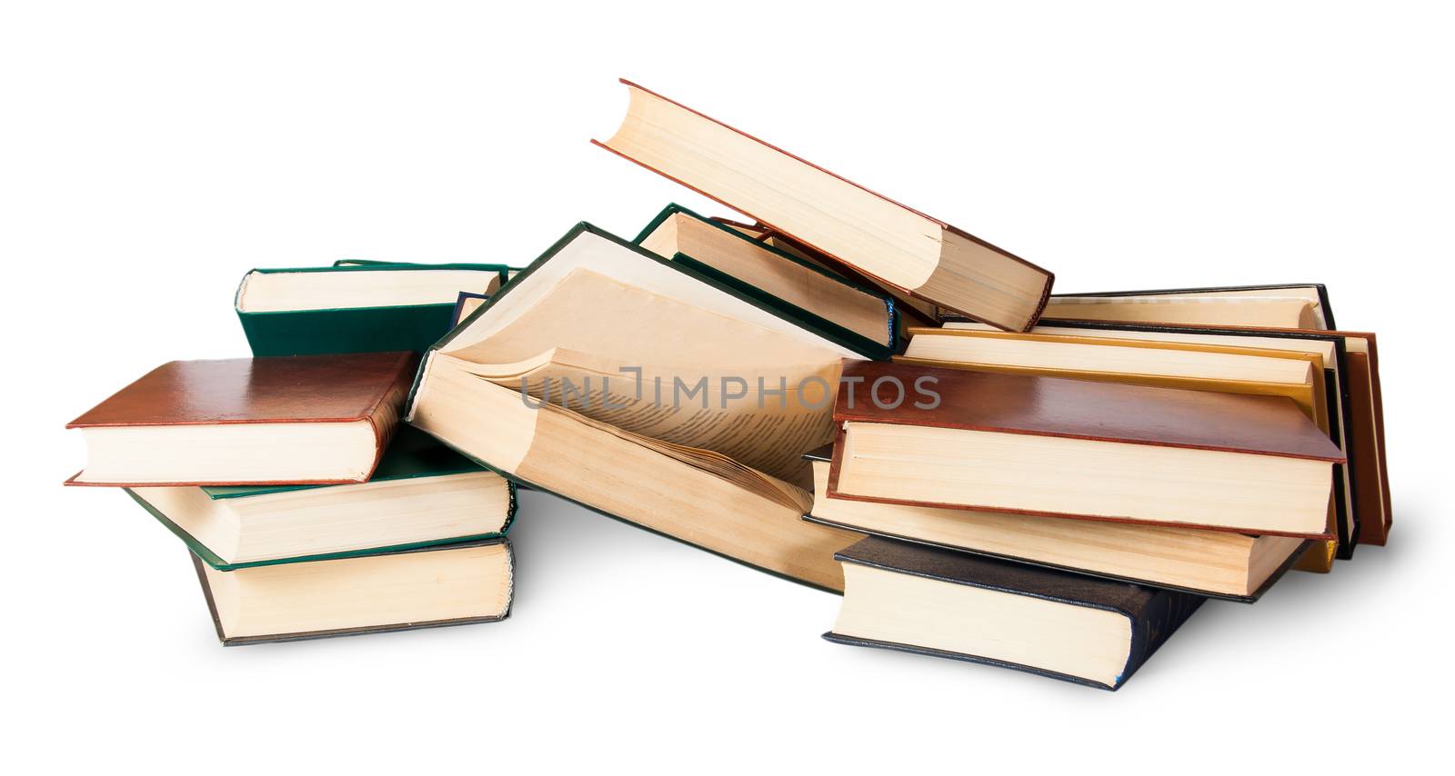 Piled on a bunch of old books isolated on white background