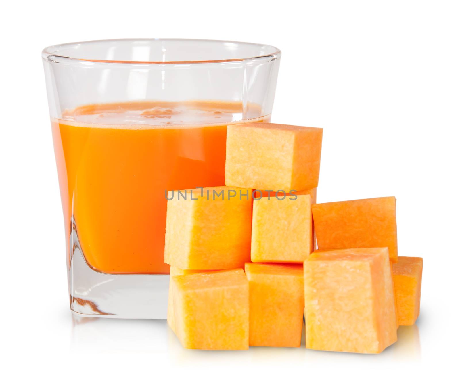 Pumpkin Diced And A Glass Of Pumpkin Juice Isolated On White Background
