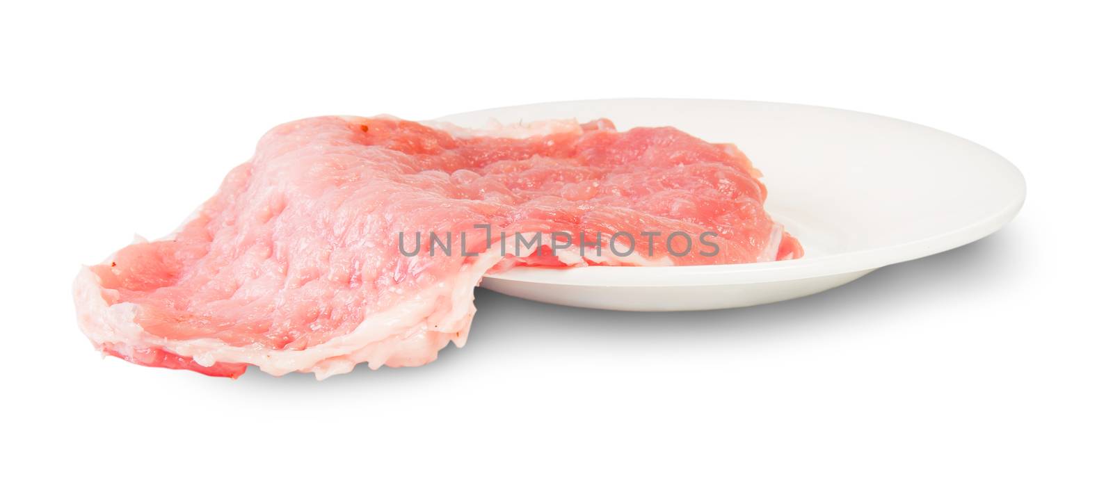 Raw Pork Schnitze On A White Platel Isolated On White Background