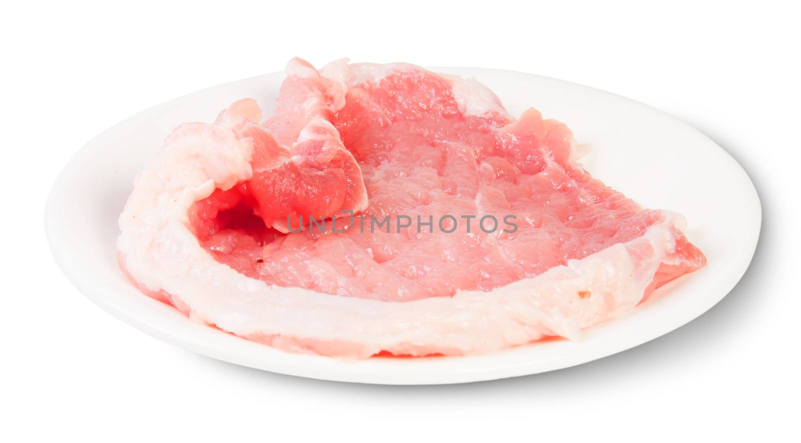 Raw Pork Schnitzel On A White Plate by Cipariss