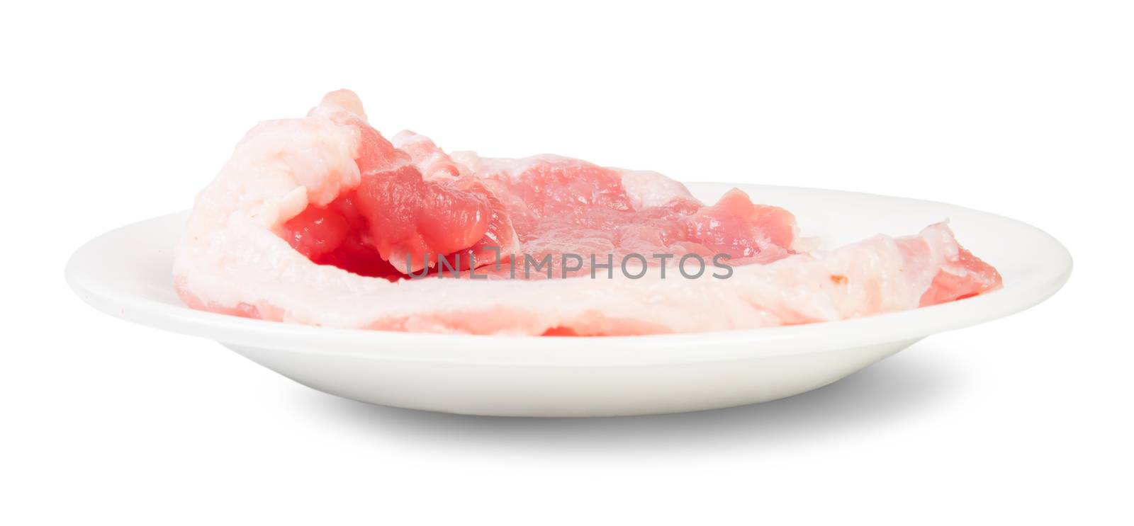 Raw Pork Schnitzel On A White Plate Rotated Isolated On White Background