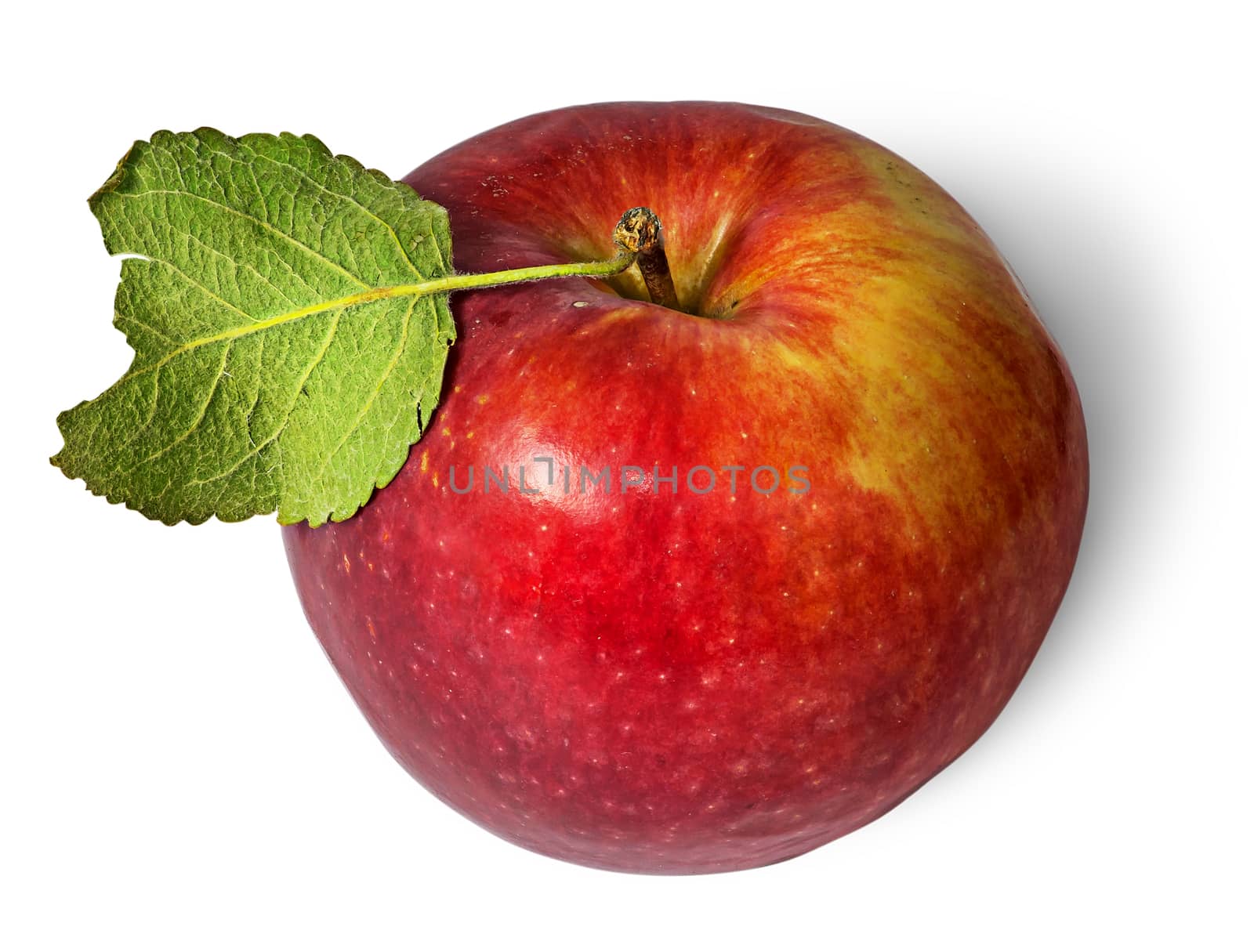 Red ripe apple with green leaf top view isolated on white background