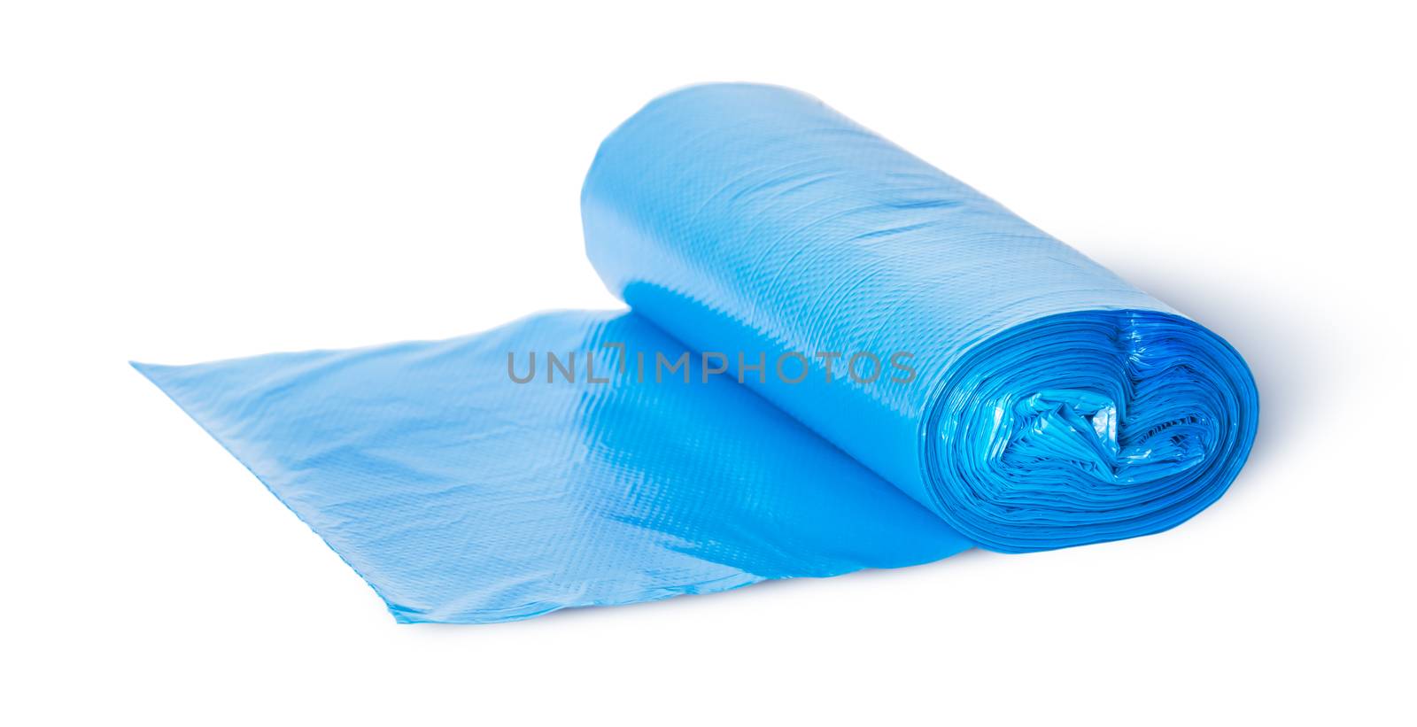 Roll of blue plastic garbage bags isolated on white background