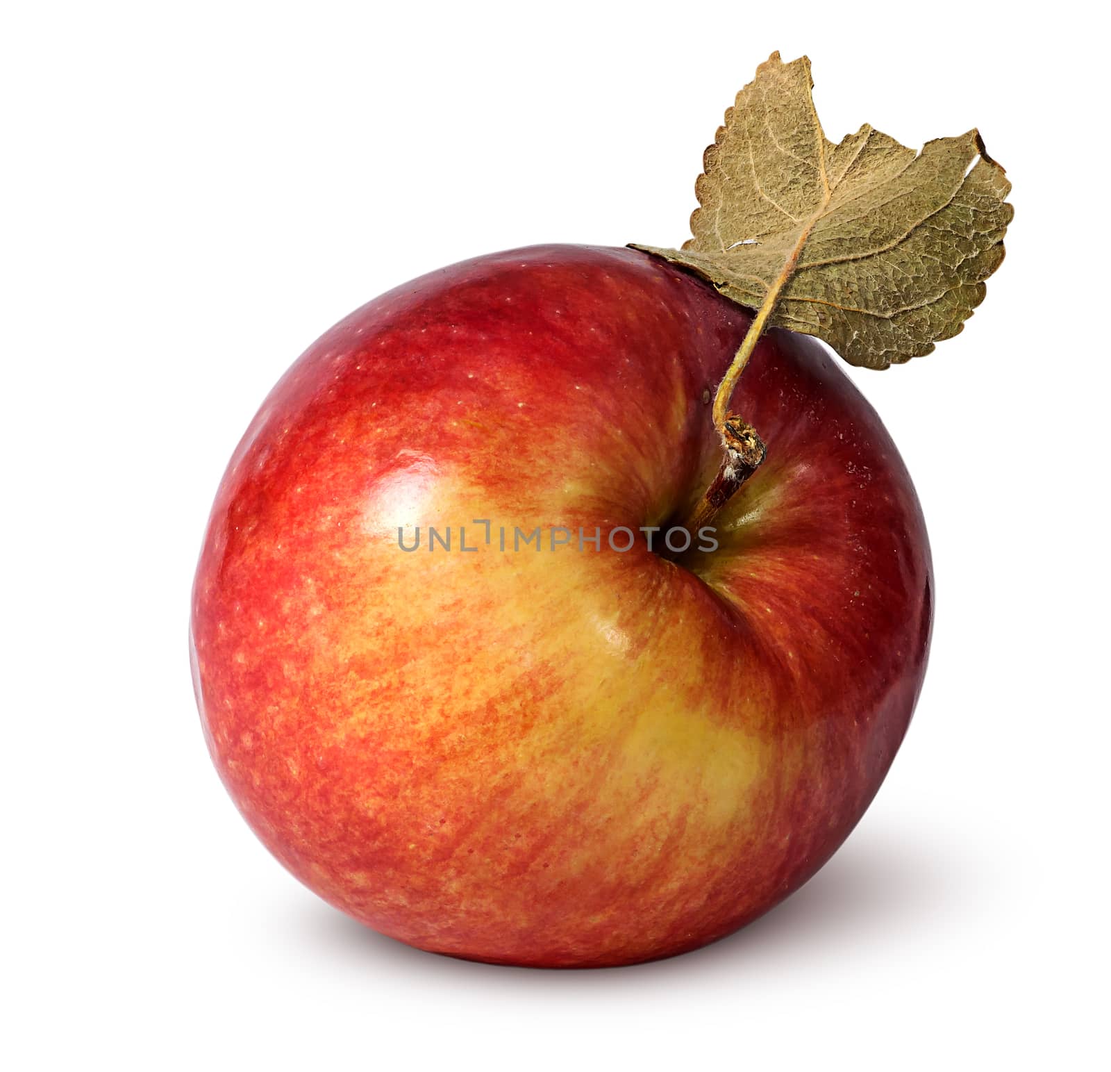 Red ripe apple with leaf top view isolated on white background