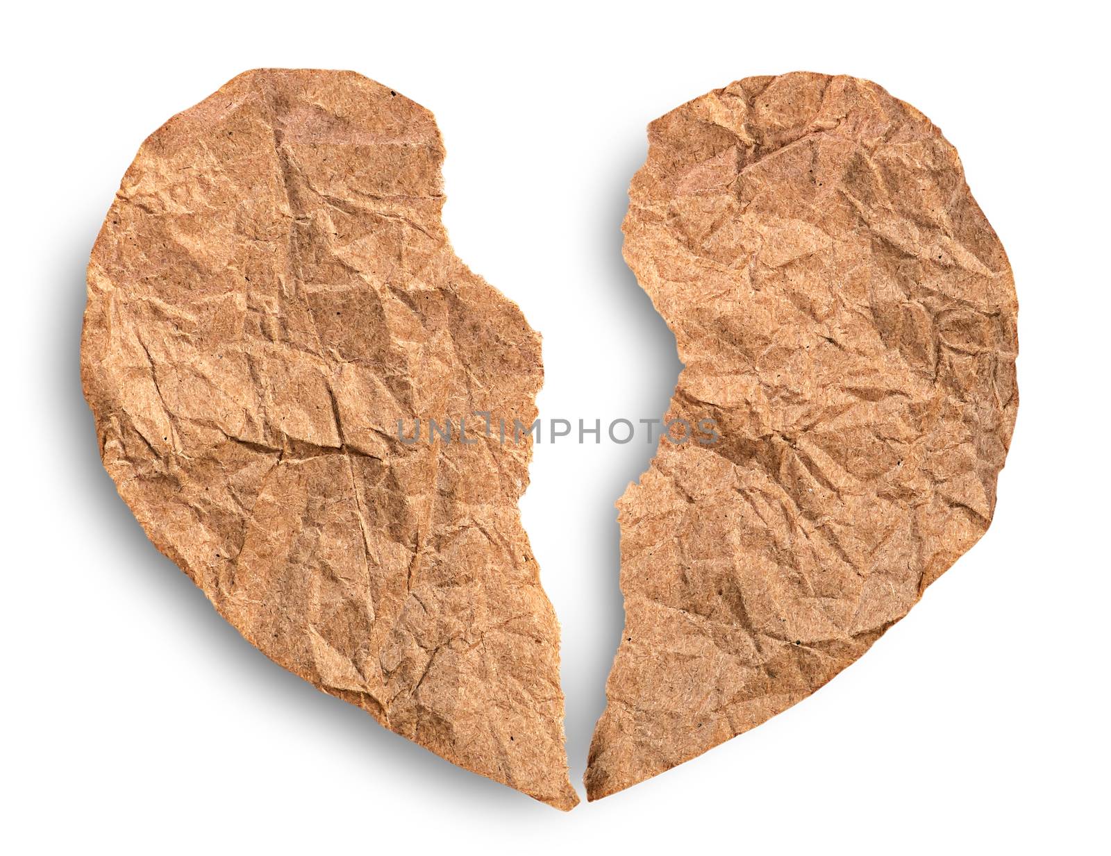 Rumpled torn paper heart isolated on white background