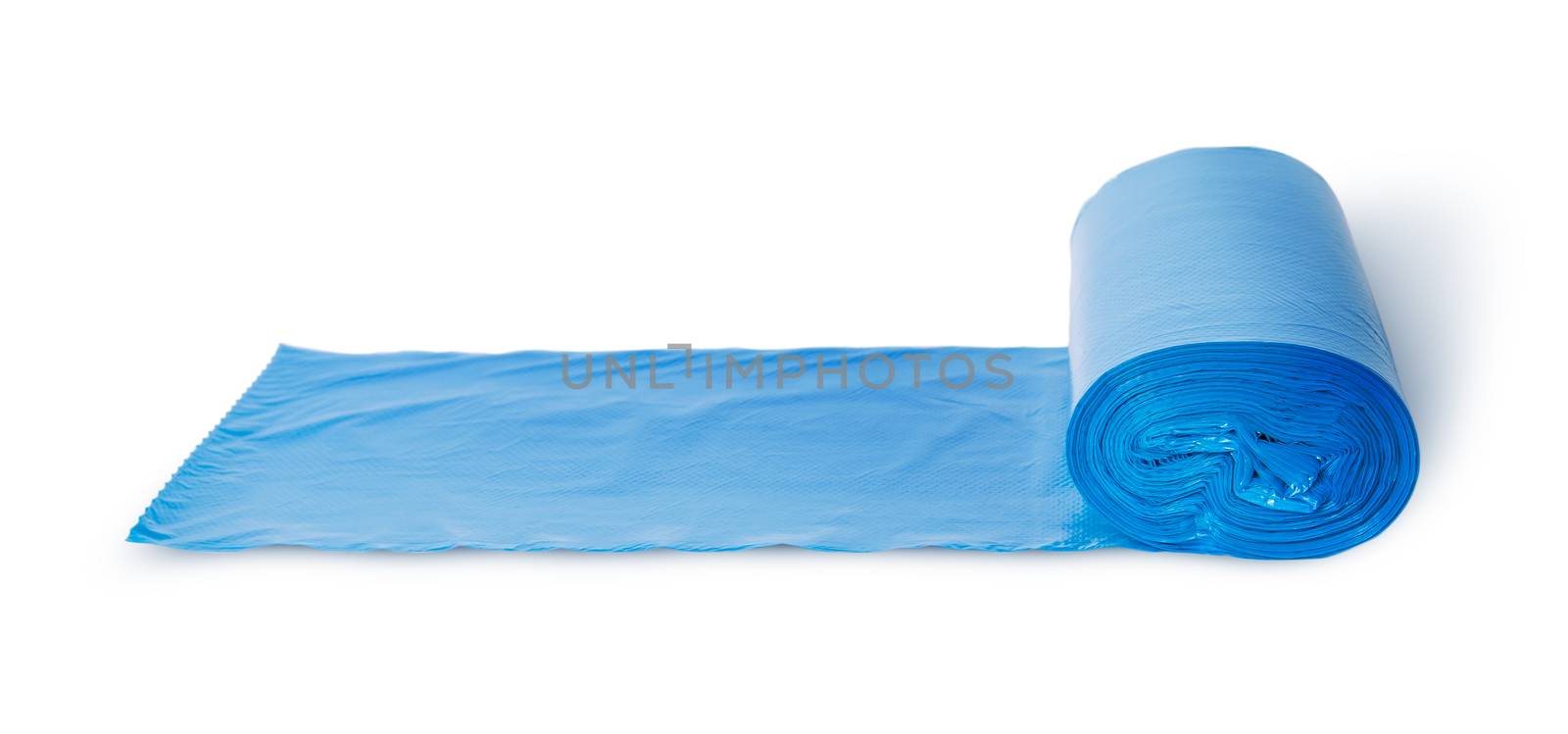 Roll of blue plastic garbage bags in front view isolated on white background