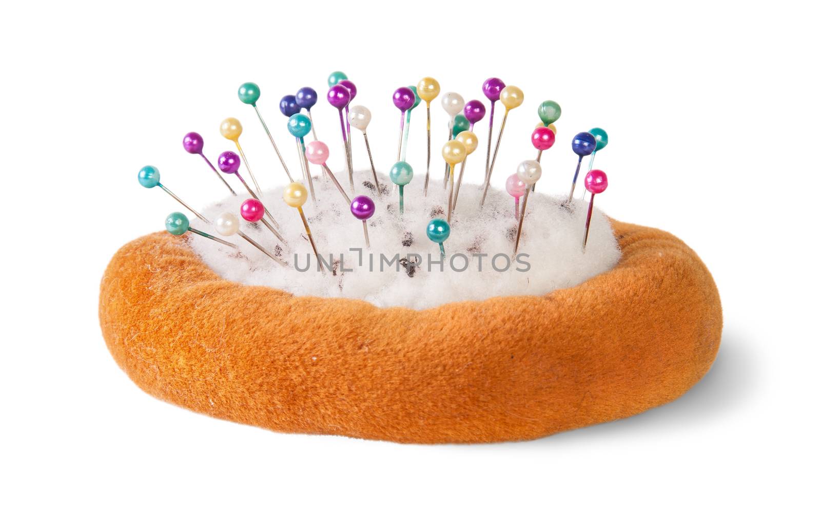 Sewing Pins In Pin Cushion Isolated On White Background