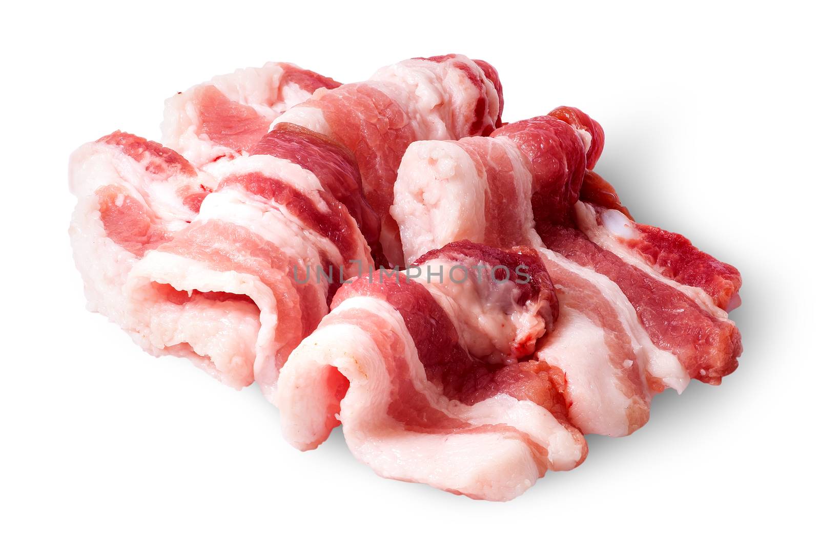 Several pieces of bacon arranged by waves isolated on white background