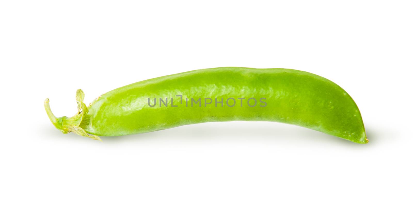 Single fresh green peas sugar in the pod isolated on white background