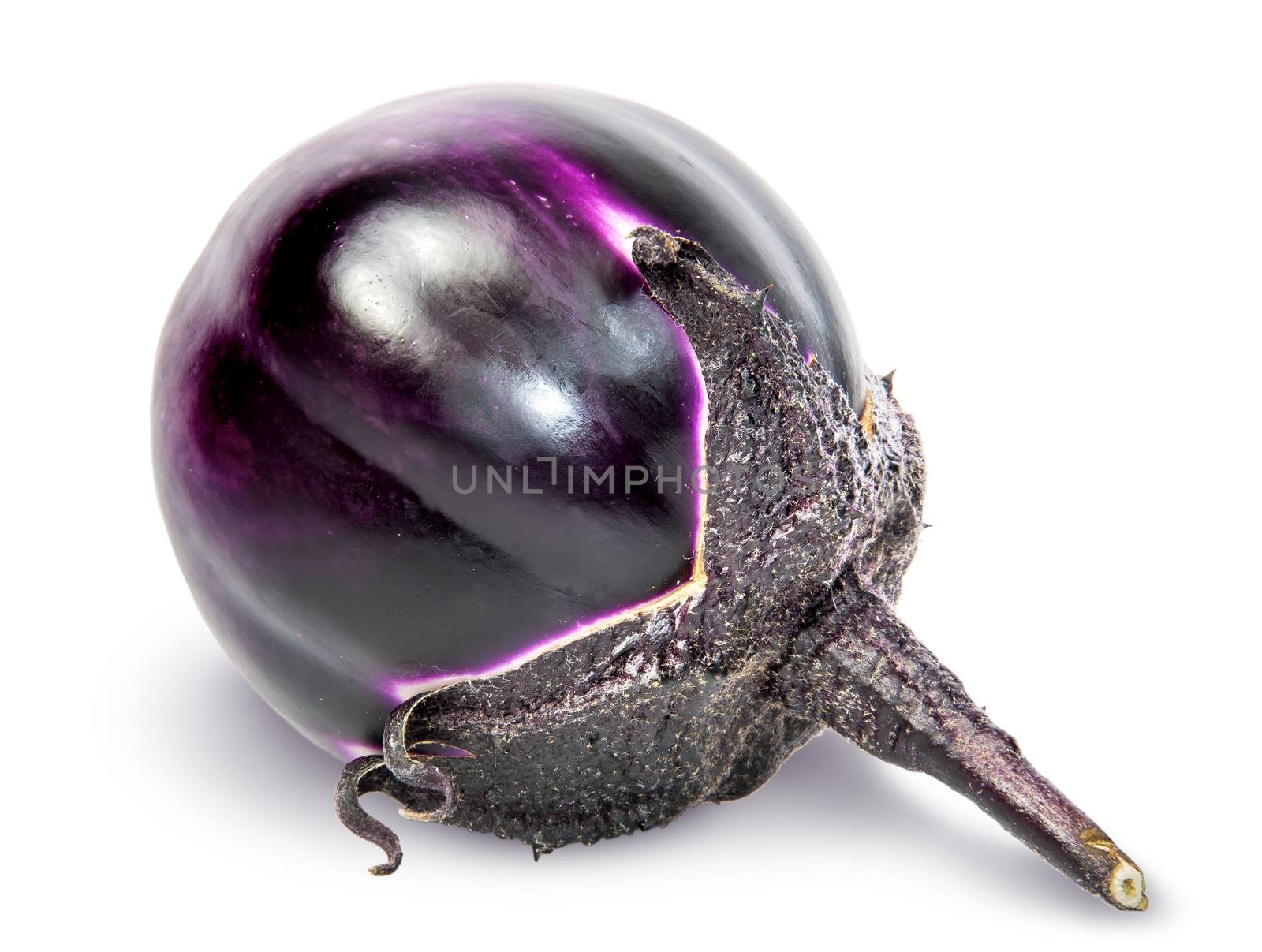 Single lying round ripe eggplant isolated on white background