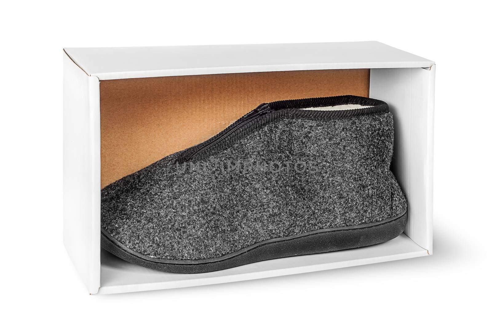 Single slipper in white cardboard box by Cipariss