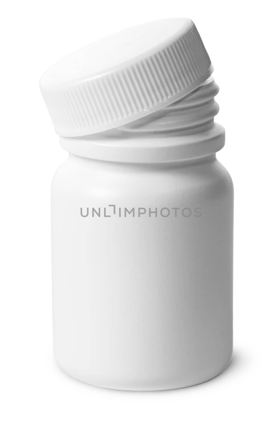 Single plastic bottle with cover removed for pills isolated on white background