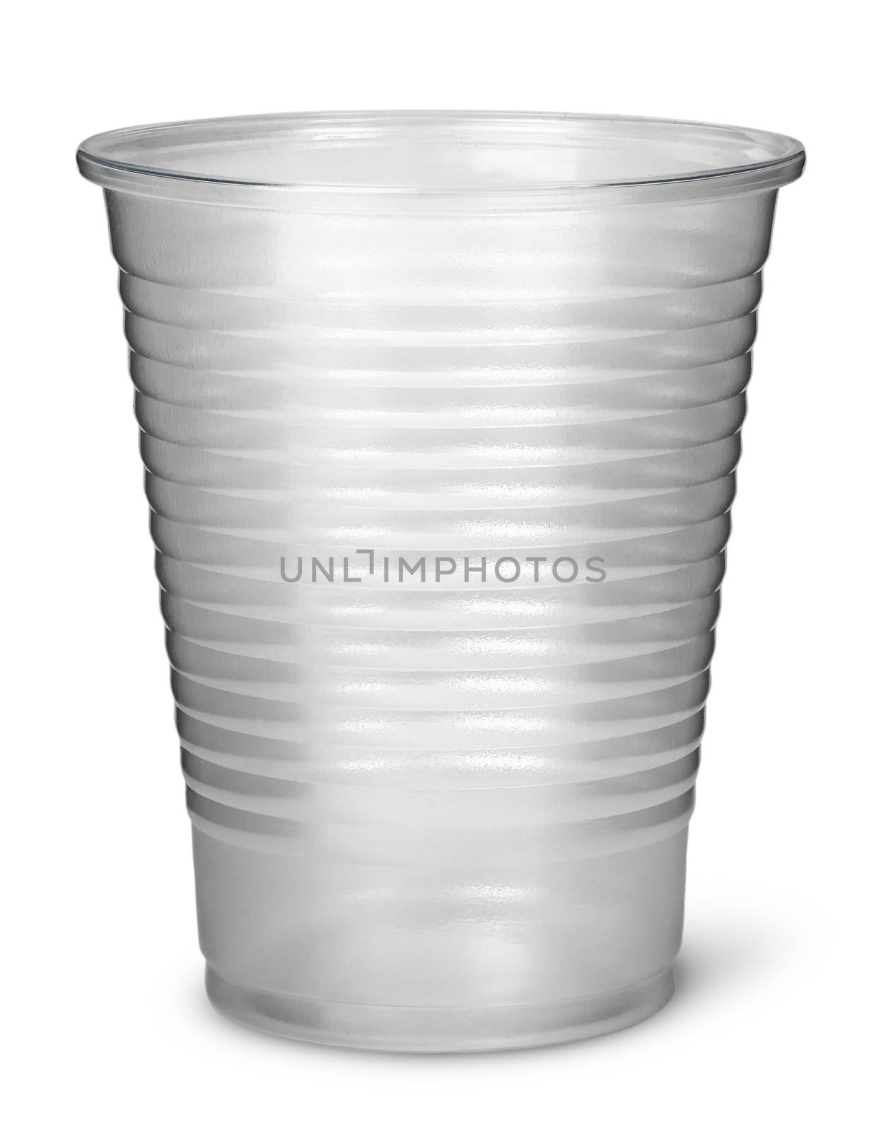 Single plastic cup vertically isolated on white background