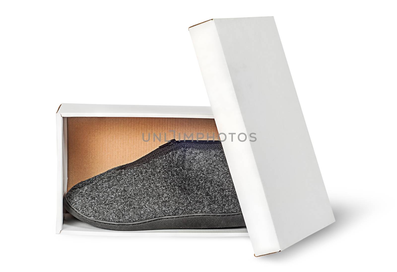 Single slipper in white cardboard box with lid by Cipariss