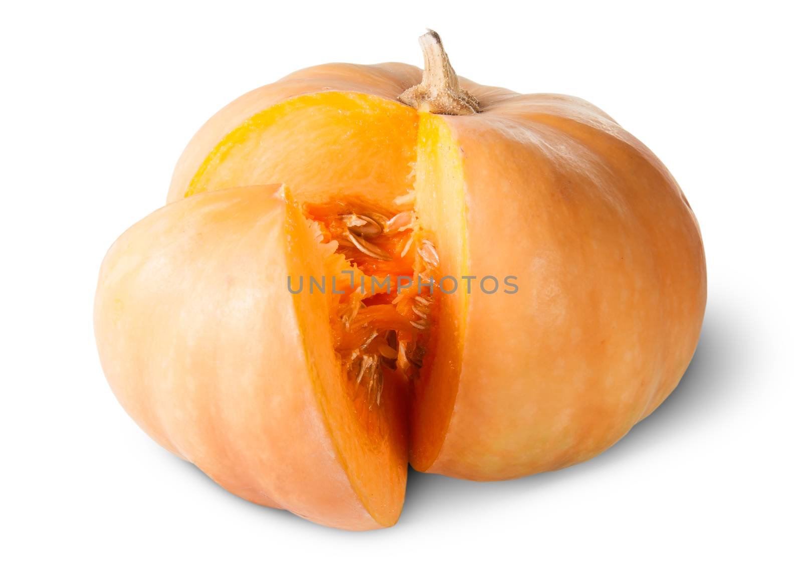 Sliced Pumpkin With Seeds Rotated Isolated On White Background