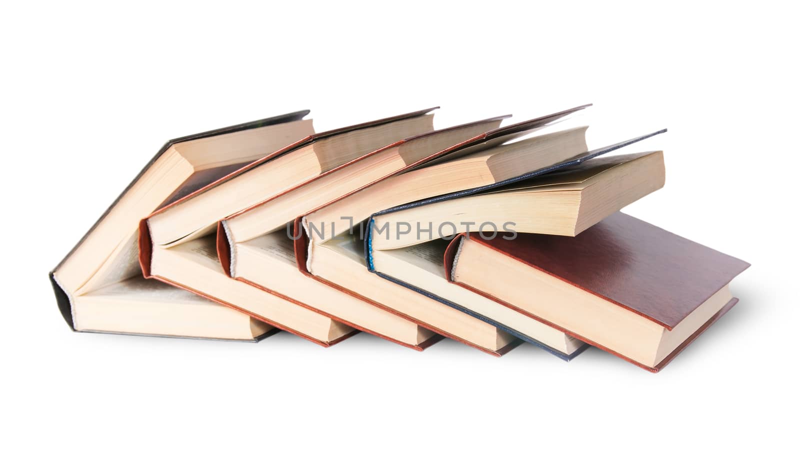 Six old books imbedded in one another front view isolated on white background