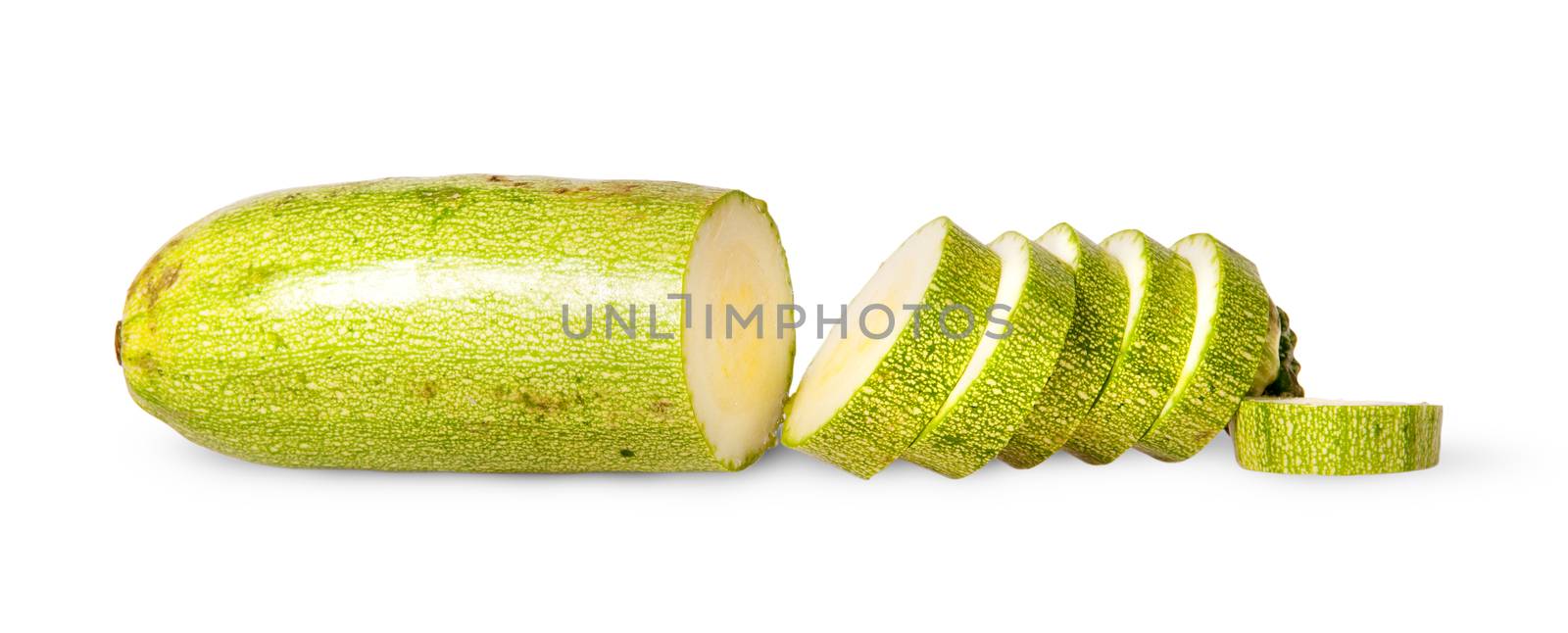 Sliced fresh courgette single isolated on white background