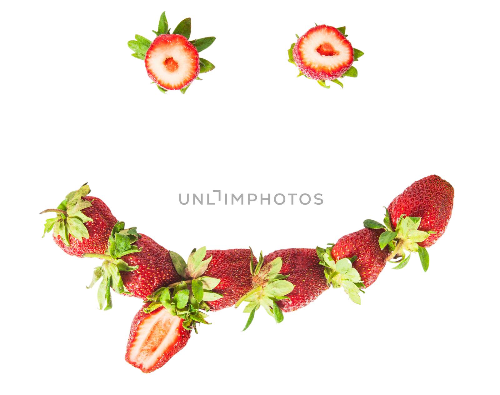 Smile with tongue out fresh juicy strawberries isolated on white background