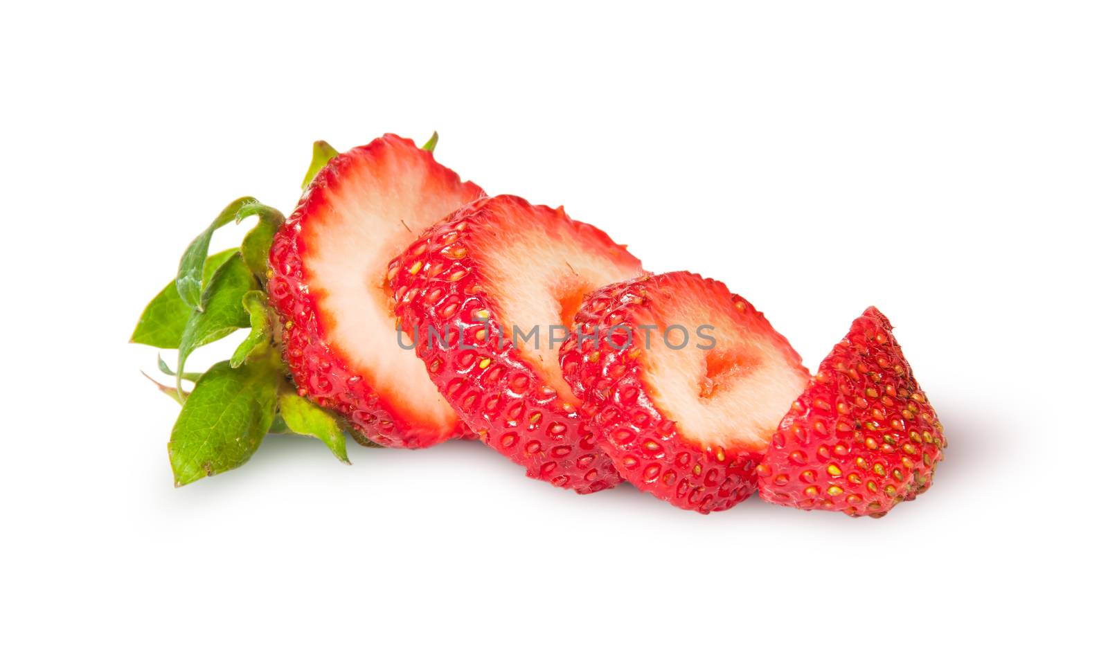 Sliced fresh juicy strawberries rotated isolated on white background