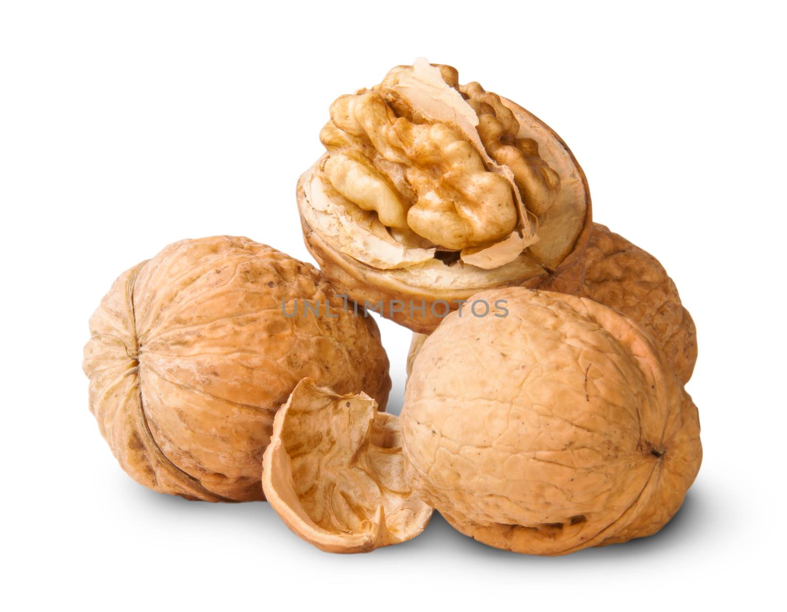 Small Pile Of Walnuts And Shells Isolated On White Background