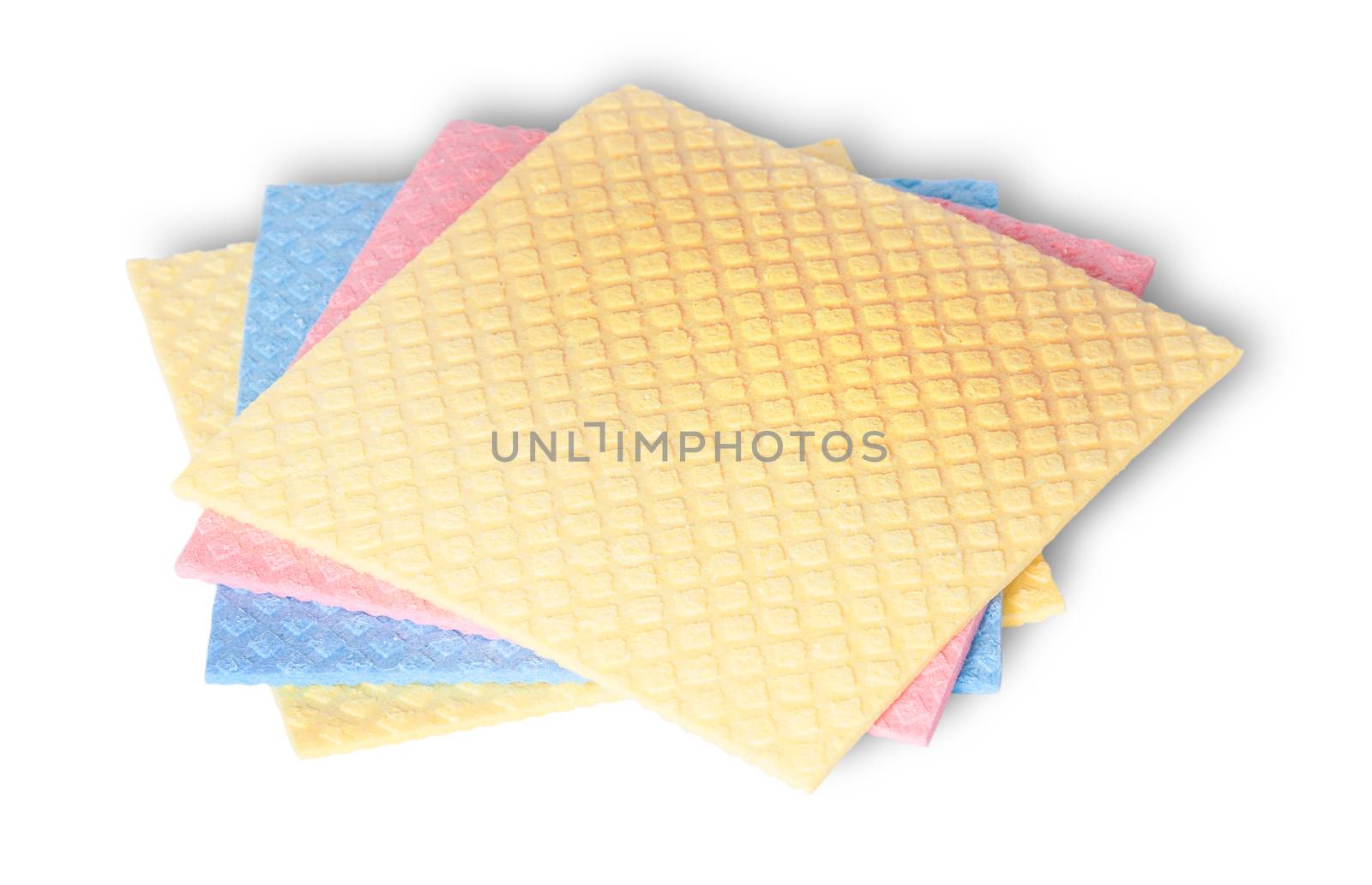 Stack of multicolored sponges for dishwashing isolated on white background