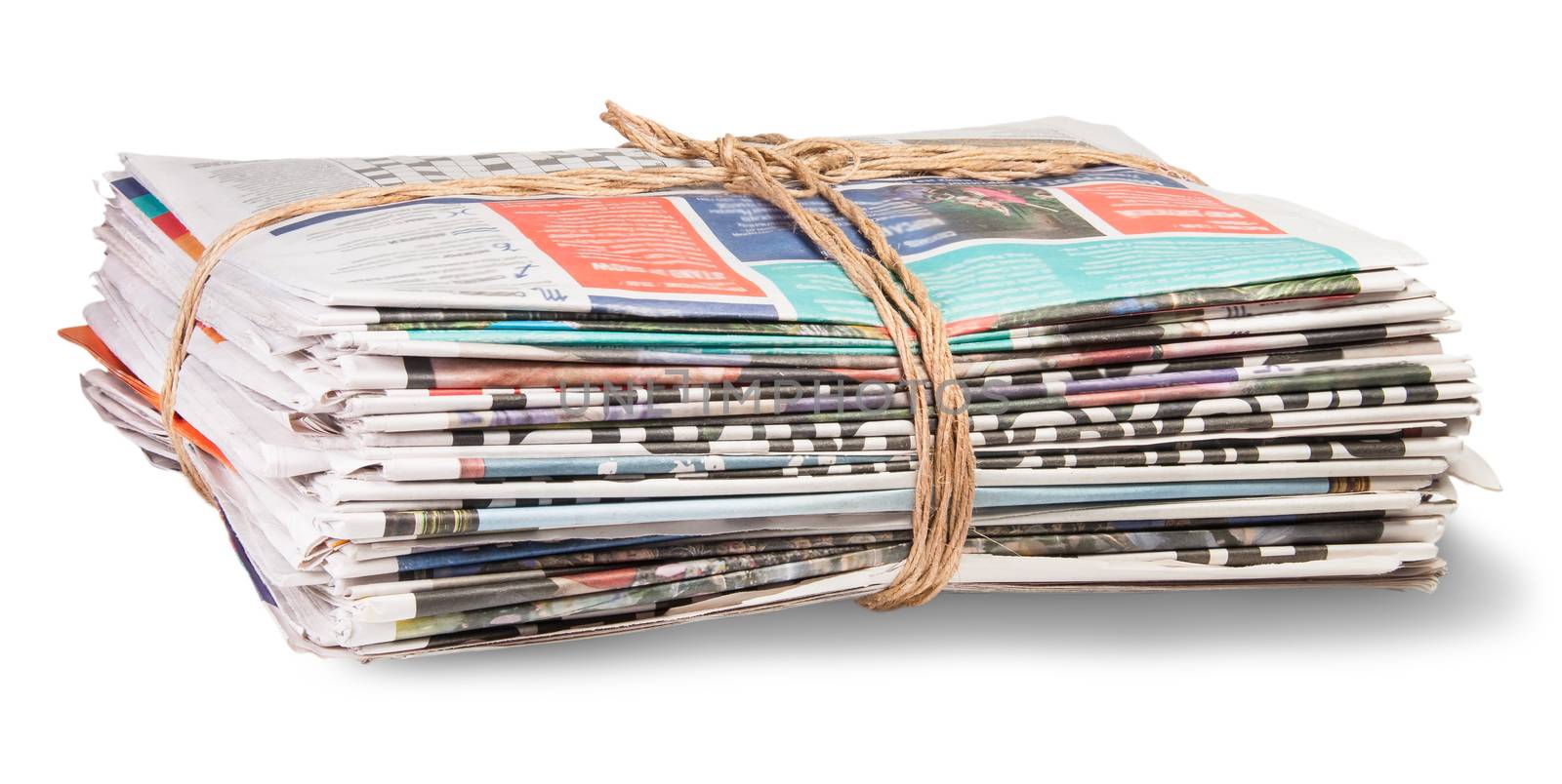 Stack Of Newspapers Bandaged Rope Isoleted On White Background