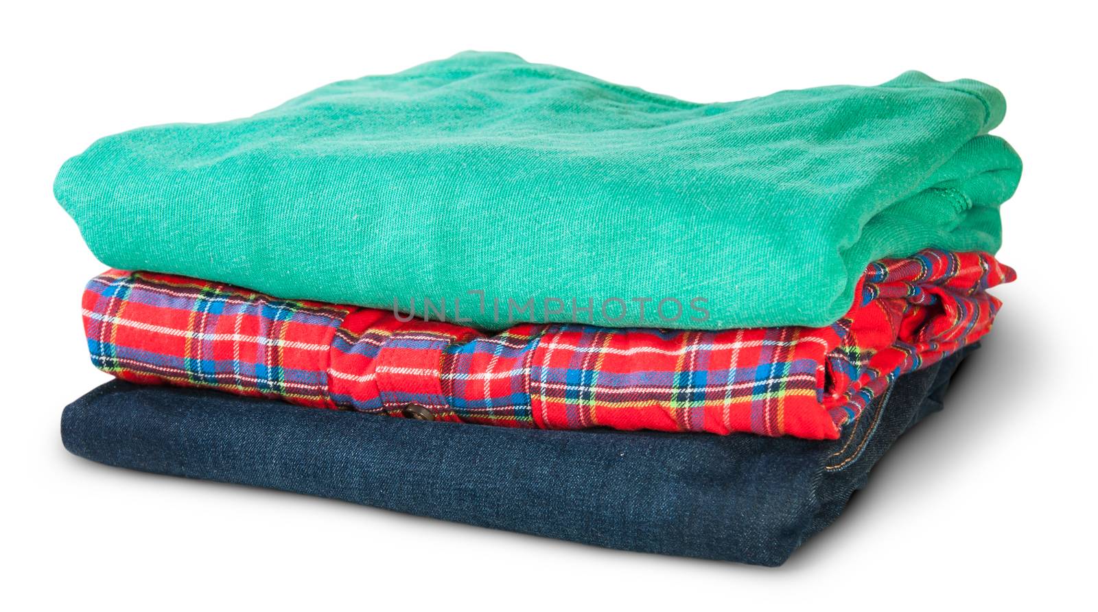 Stack Of Multicolored Casual Clothes Rotated Isolated On White Background