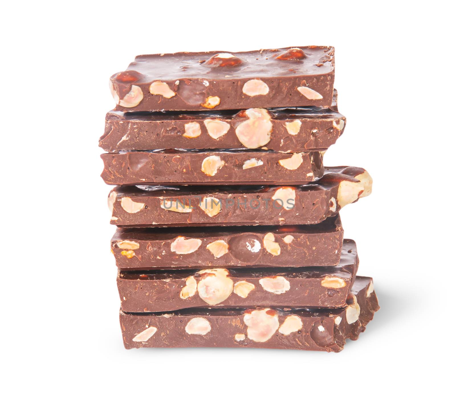 Stack of seven chocolate bars isolated on white background