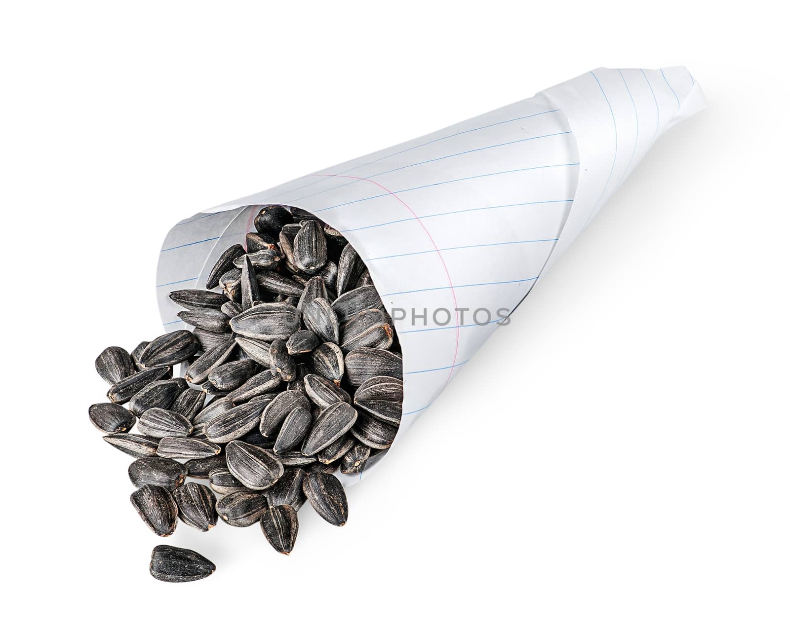 Sunflower seeds in paper packet isolated on white background