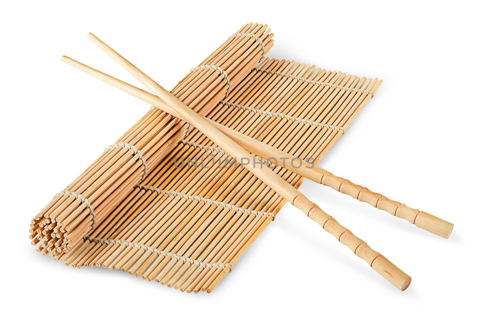 Sushi mat partially deployed and chopsticks isolated on a white background